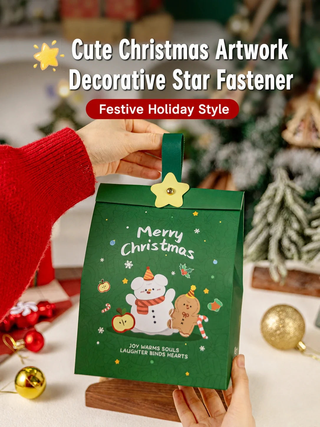 Green Christmas paper gift bag with decorative star fastener