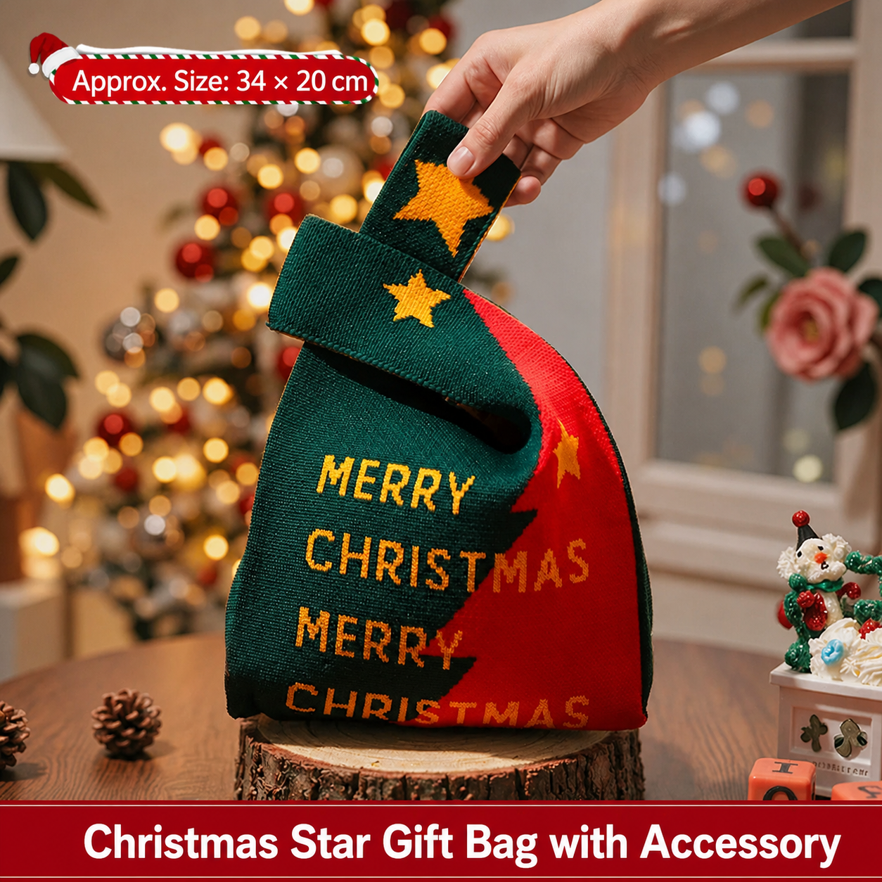 Christmas star knitted gift bag with matching ornament accessory