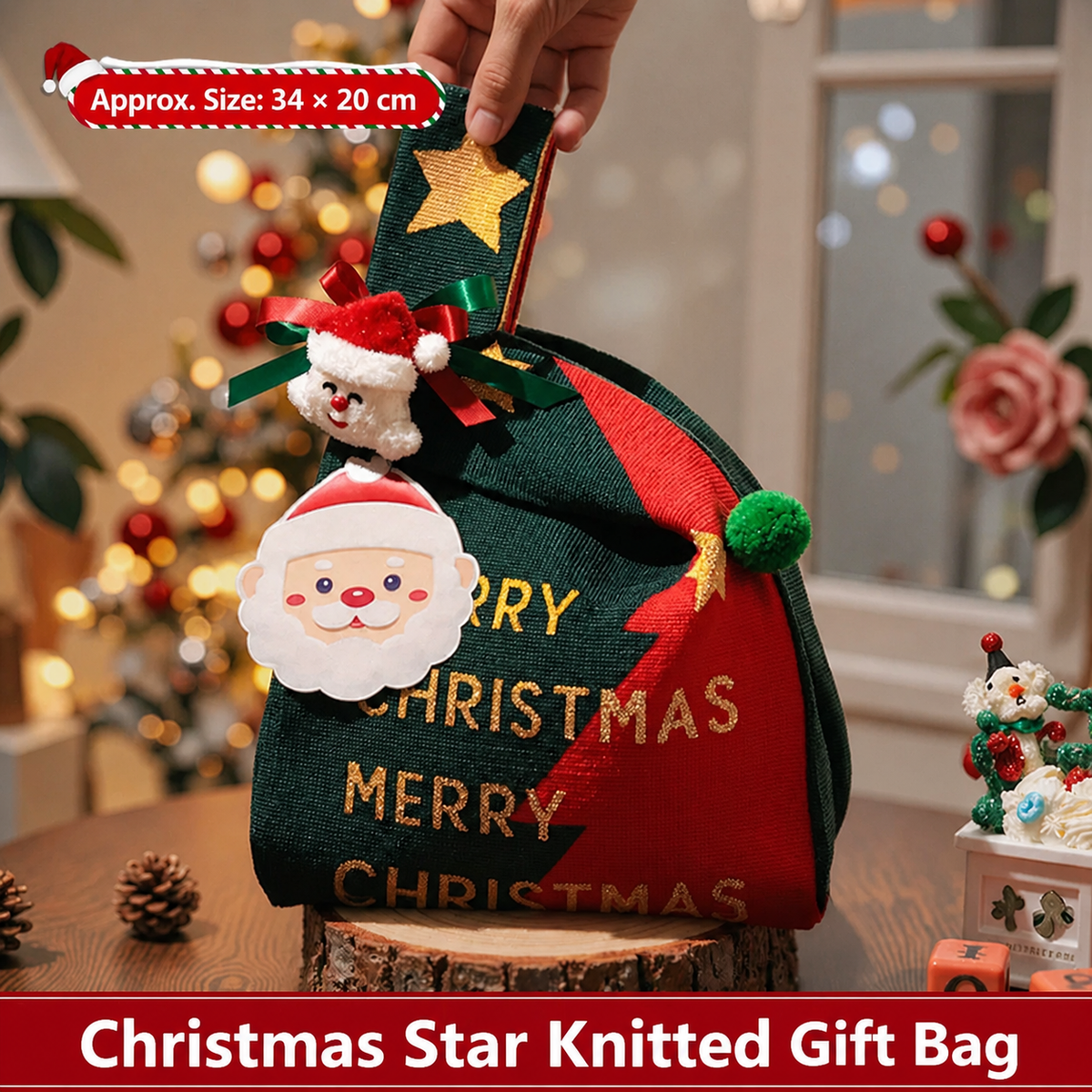 Christmas star knitted gift bag with loop handle