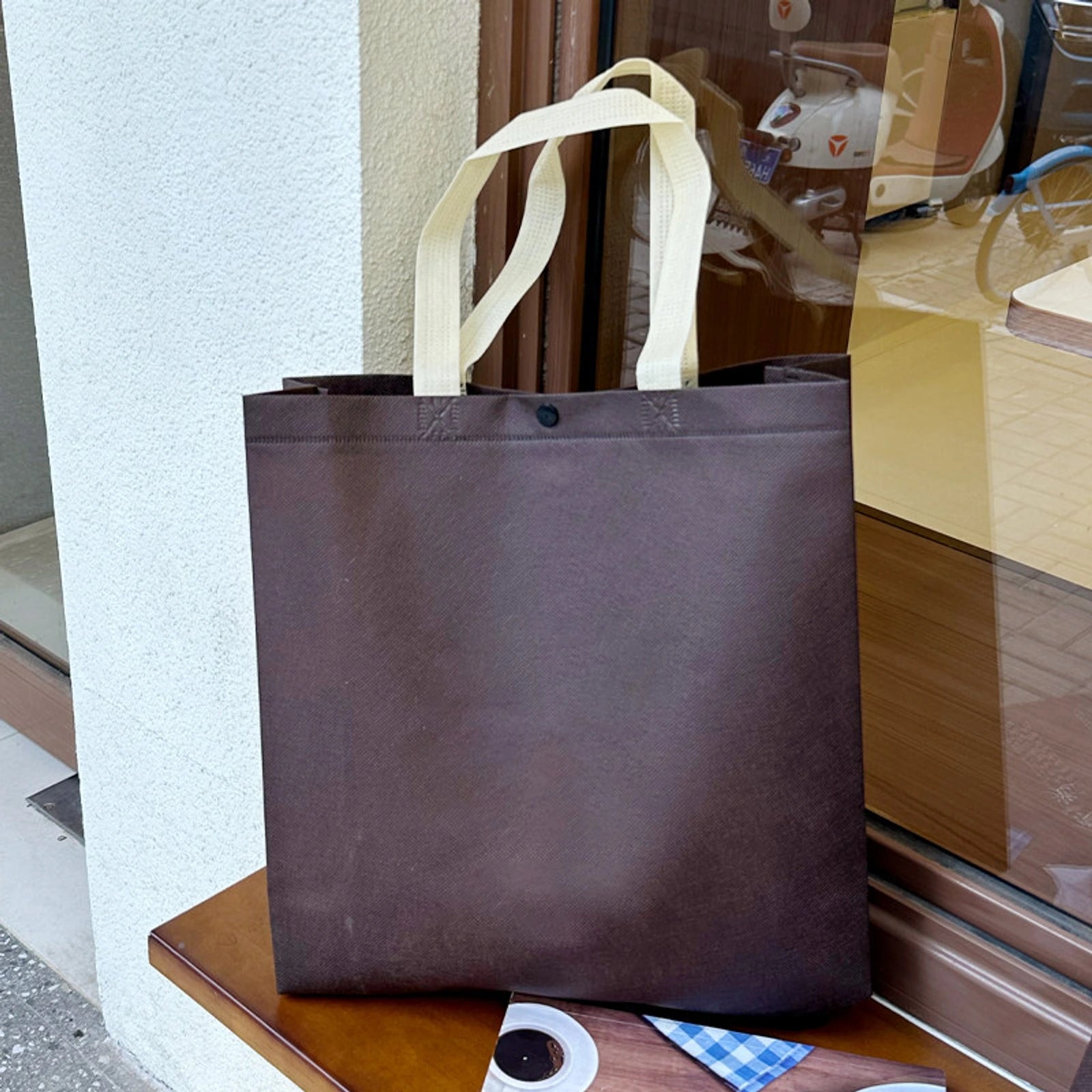 Coffee Brown & Black Non-Woven Tote Bags — 4 Styles — Coffee Brown Plain