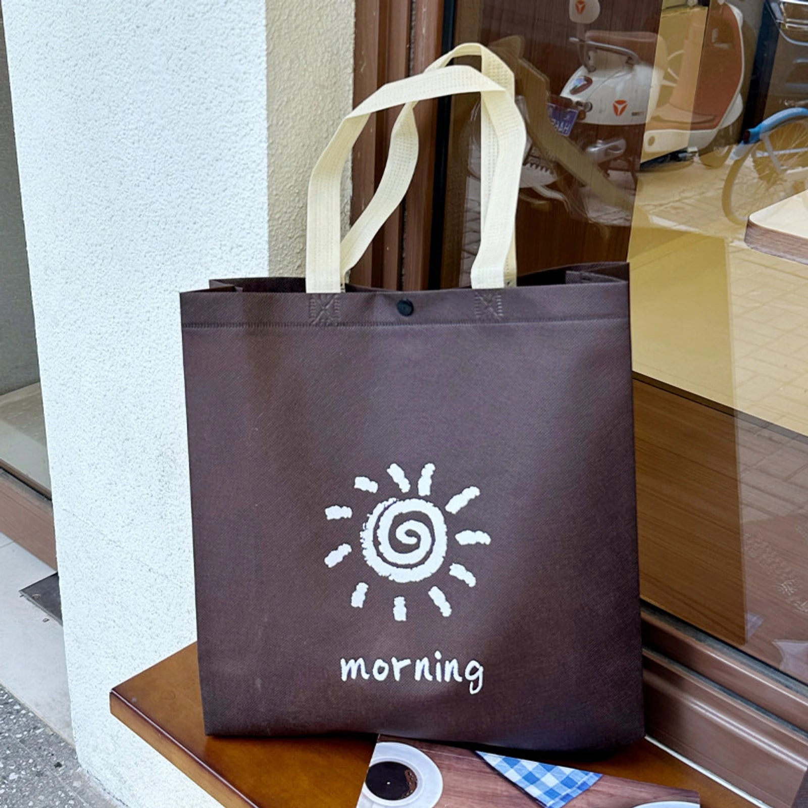 Coffee Brown & Black Non-Woven Tote Bags — 4 Styles — Coffee Brown — Sun Print
