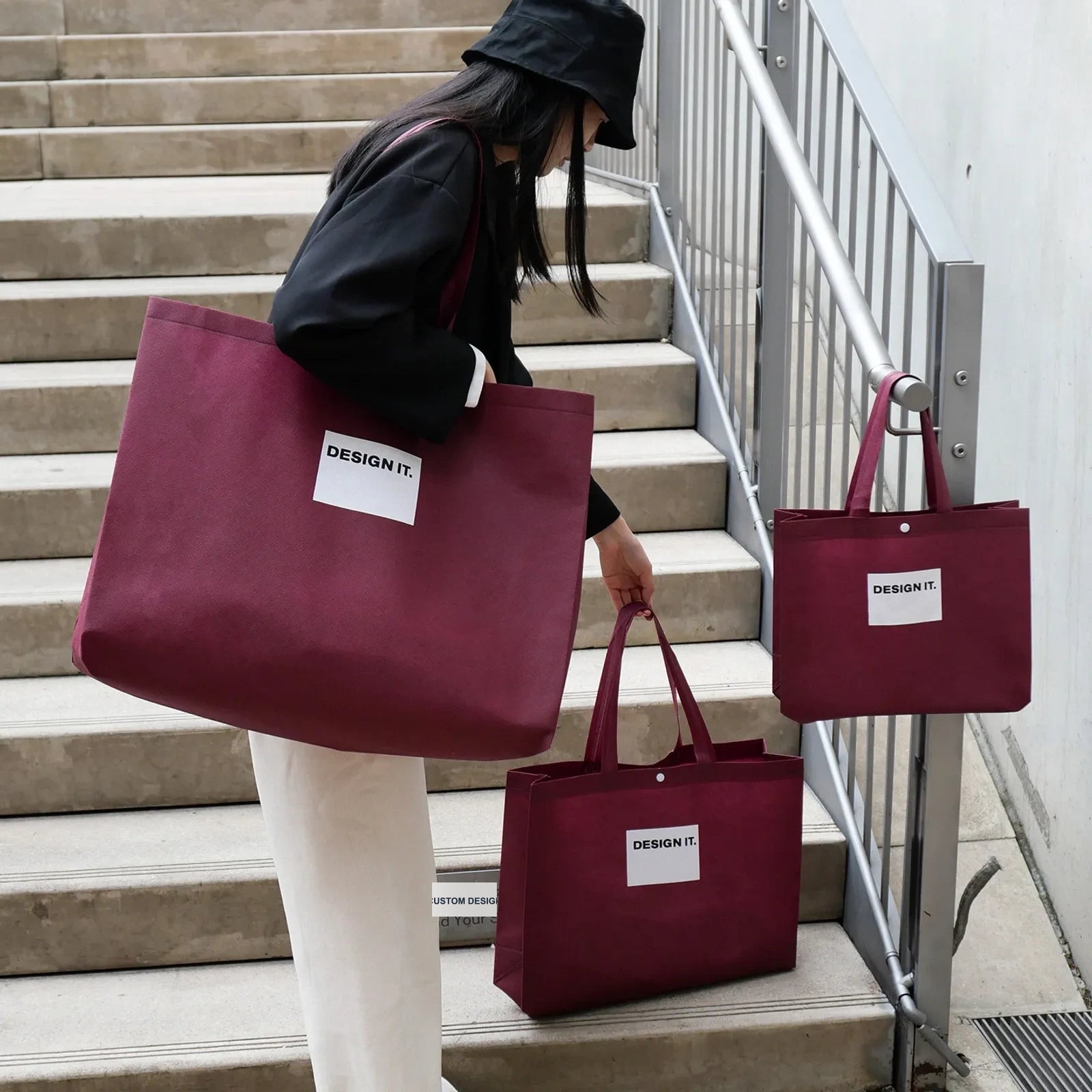 Coffee-Brown Non-Woven Tote Bags — 6 Styles — Gusseted — Ancora RedWhite Block