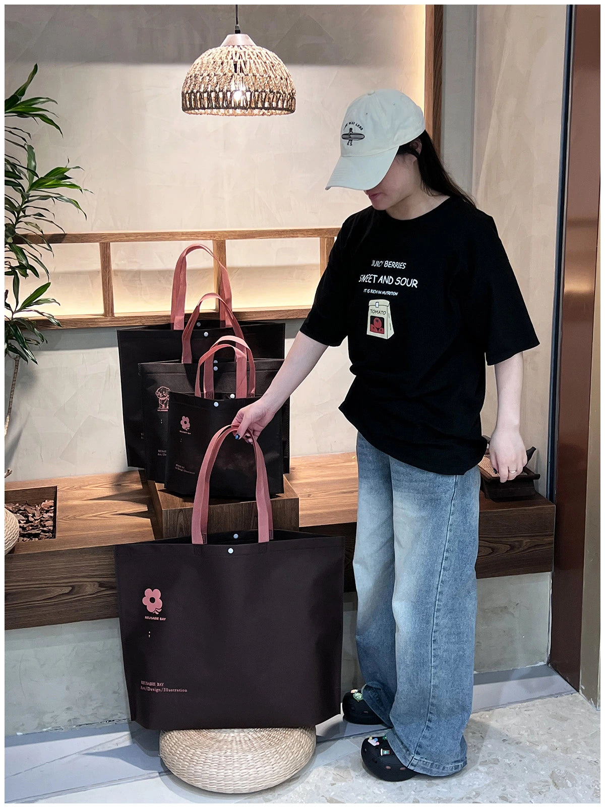 Coffee-Brown Non-Woven Tote Bags — 7 Styles — Coffee Pink — Small Floral Print