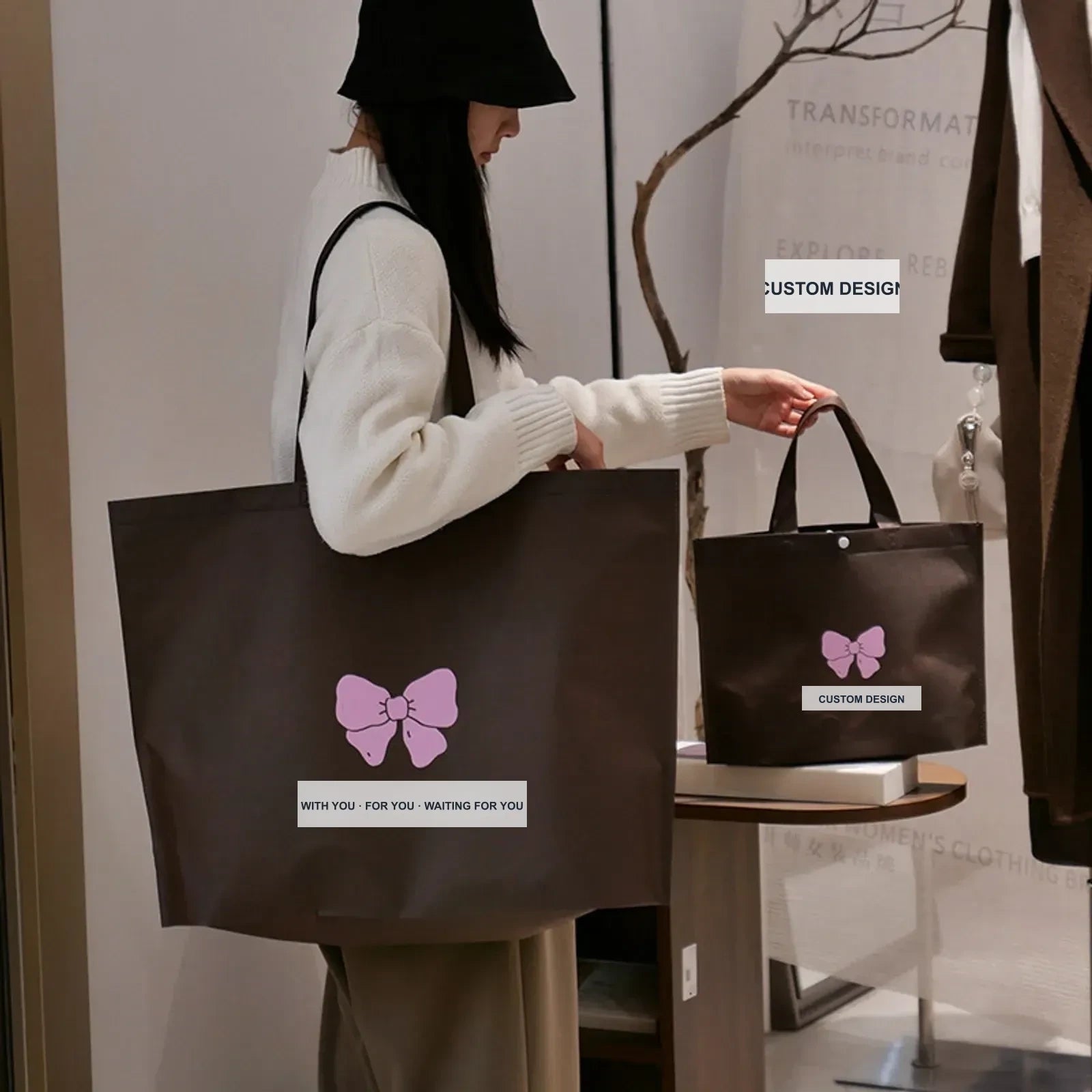 Coffee-Brown Non-Woven Tote Bags — 7 Styles — Mocha Pink