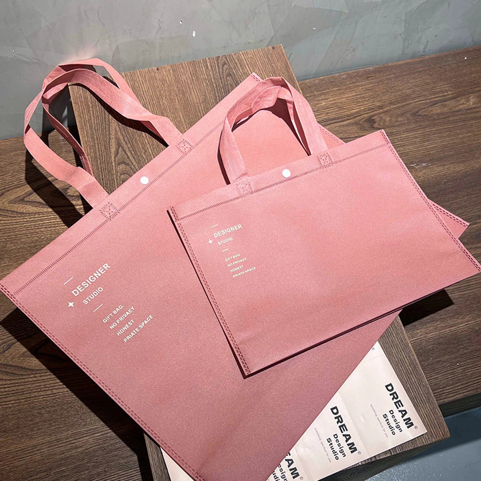 Coffee-Brown Non-Woven Tote Bags — 7 Styles — Mousse Pink