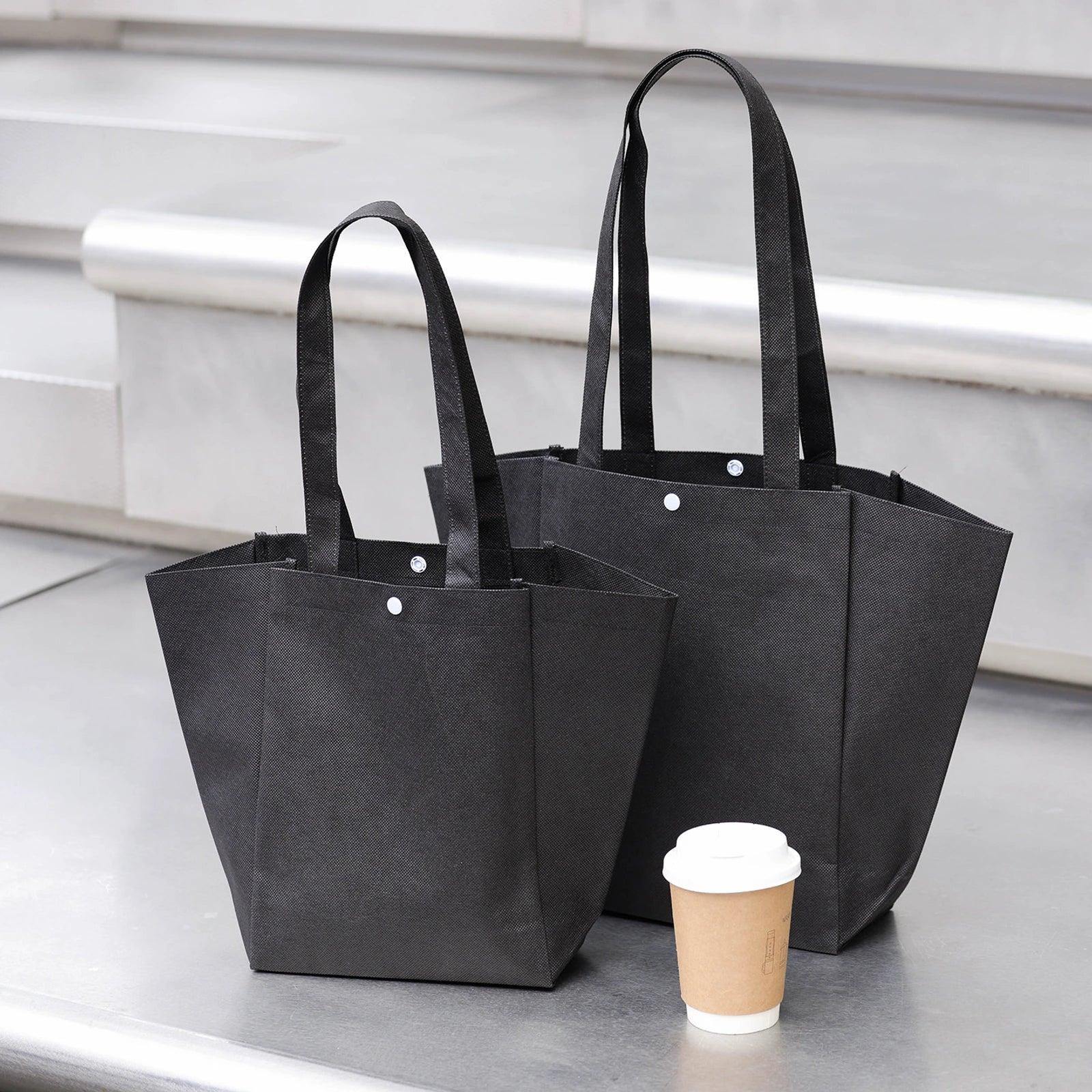 Color-Block Stitched Non-Woven Tote Bags — 10 Styles — Butterfly Bag — Black Plain