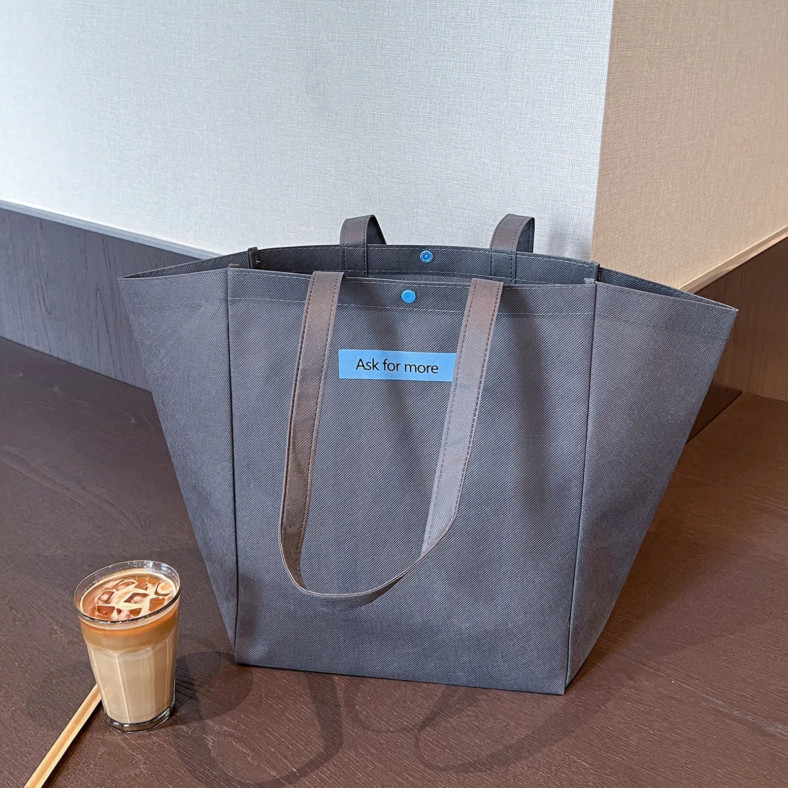 Color-Block Stitched Non-Woven Tote Bags — 10 Styles — Butterfly Bag — Gray with Blue Print