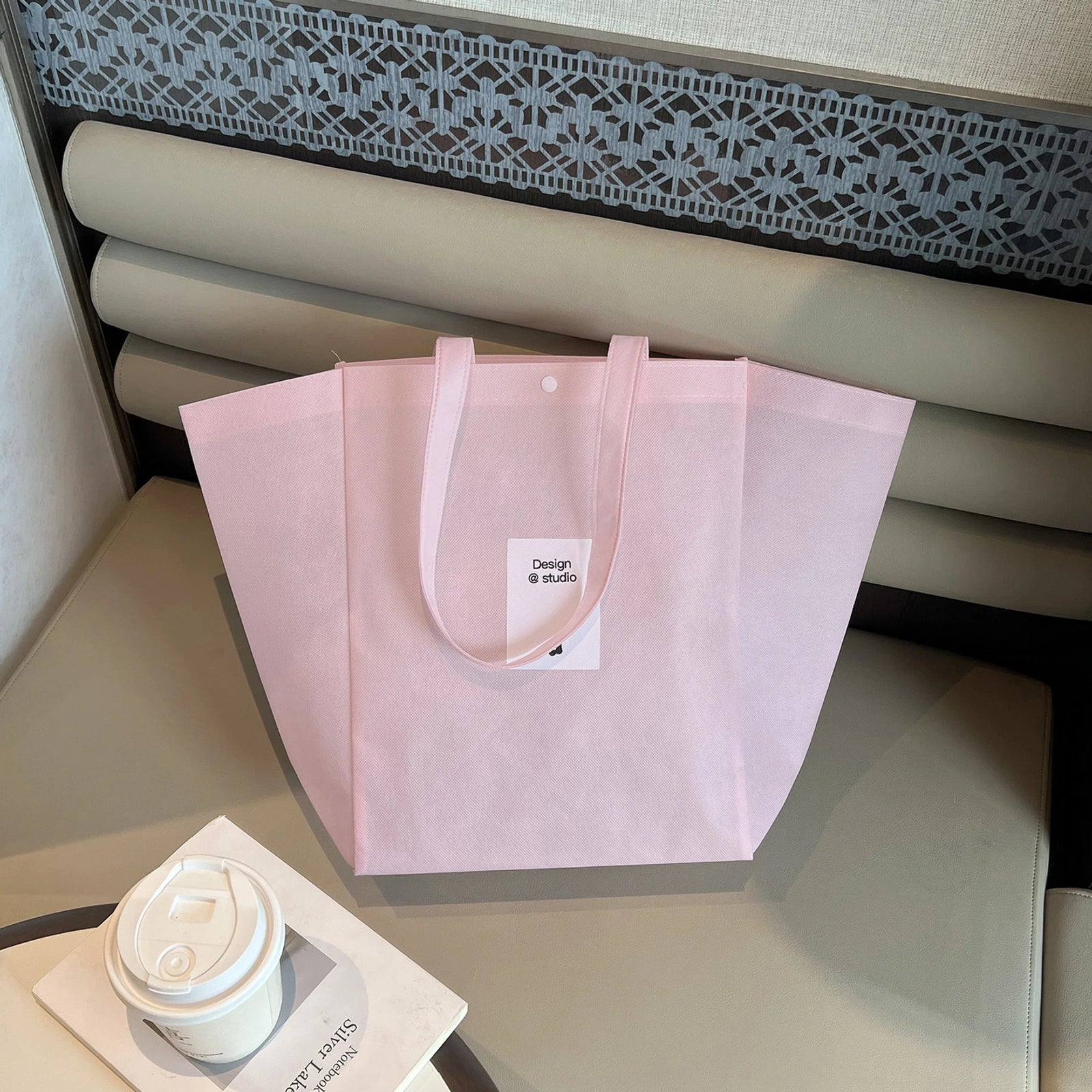 Color-Block Stitched Non-Woven Tote Bags — 10 Styles — Butterfly Bag — Sakura Pink White Block Print