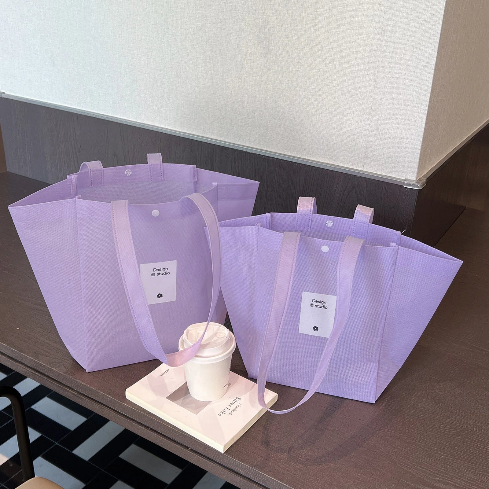 Color-Block Stitched Non-Woven Tote Bags — 10 Styles — Butterfly Bag — Wisteria Purple White Block Print