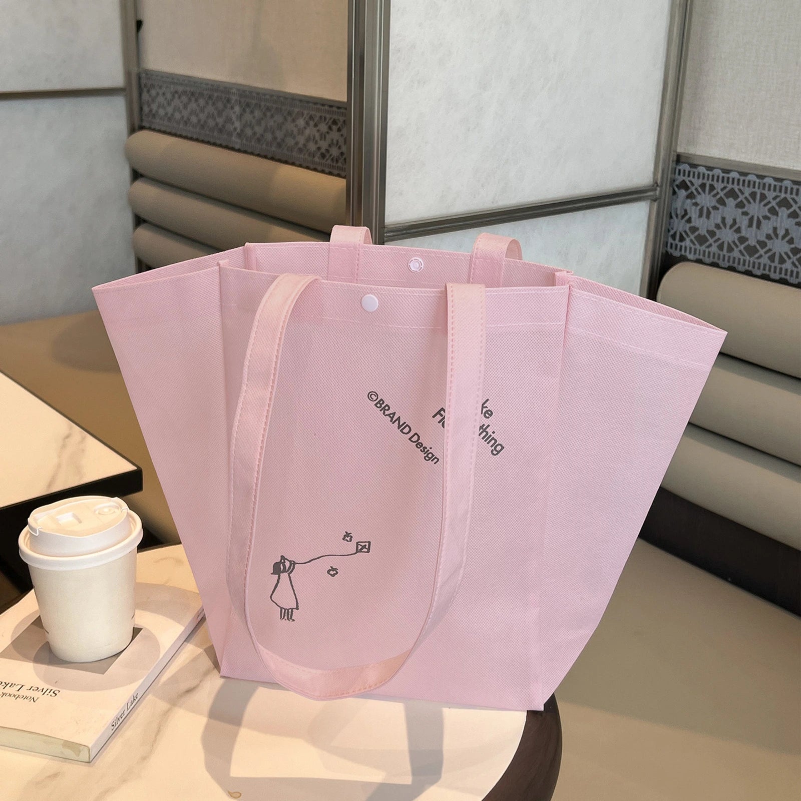Color-Block Stitched Non-Woven Tote Bags — 10 Styles — Color — Block — PinkEnglish Print
