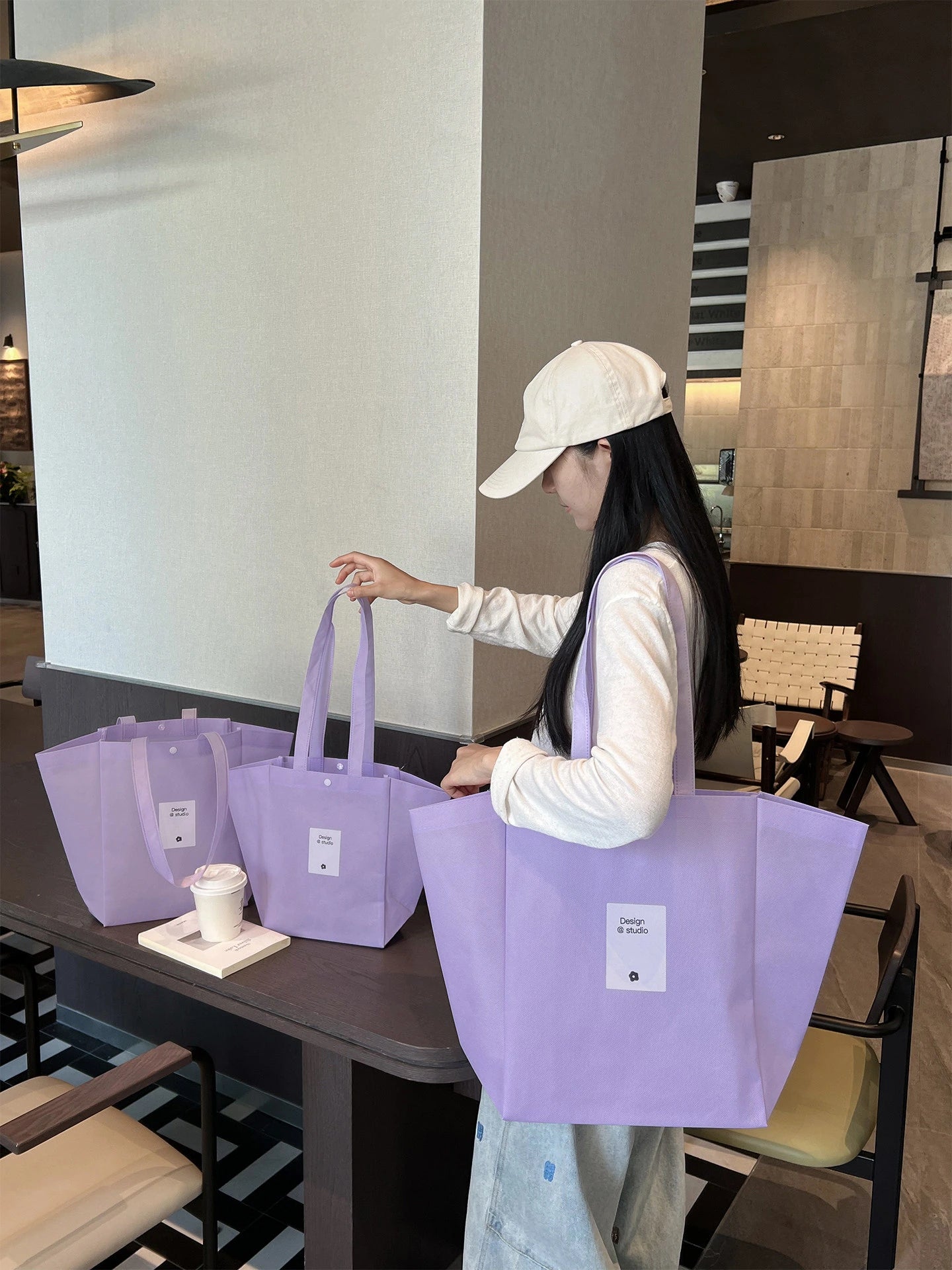Color-Block Stitched Purple Non-Woven Tote Bags — 10 Styles product view 1