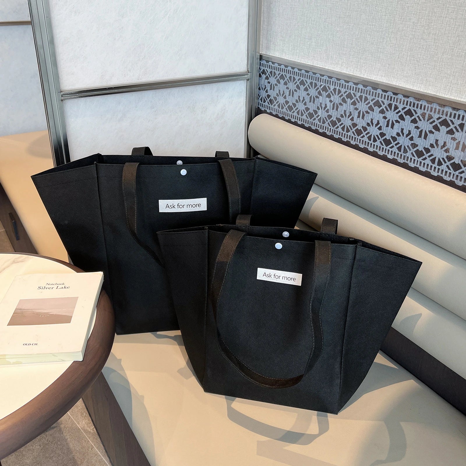 Color-Block Stitched Purple Non-Woven Tote Bags — 10 Styles — Color — Block — BlackWhite Print