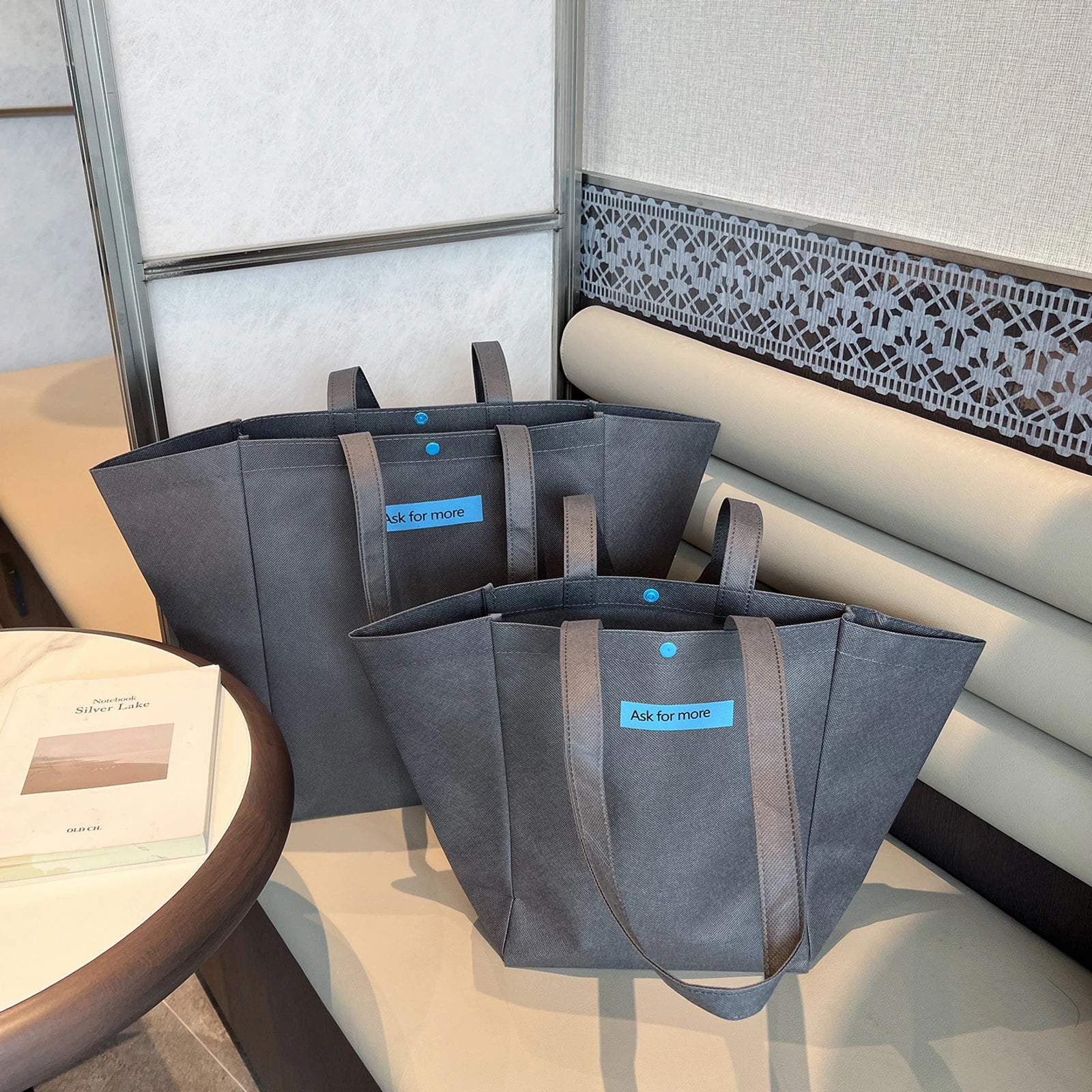 Color-Block Stitched Purple Non-Woven Tote Bags — 10 Styles — Color — Block — GrayBlue Print