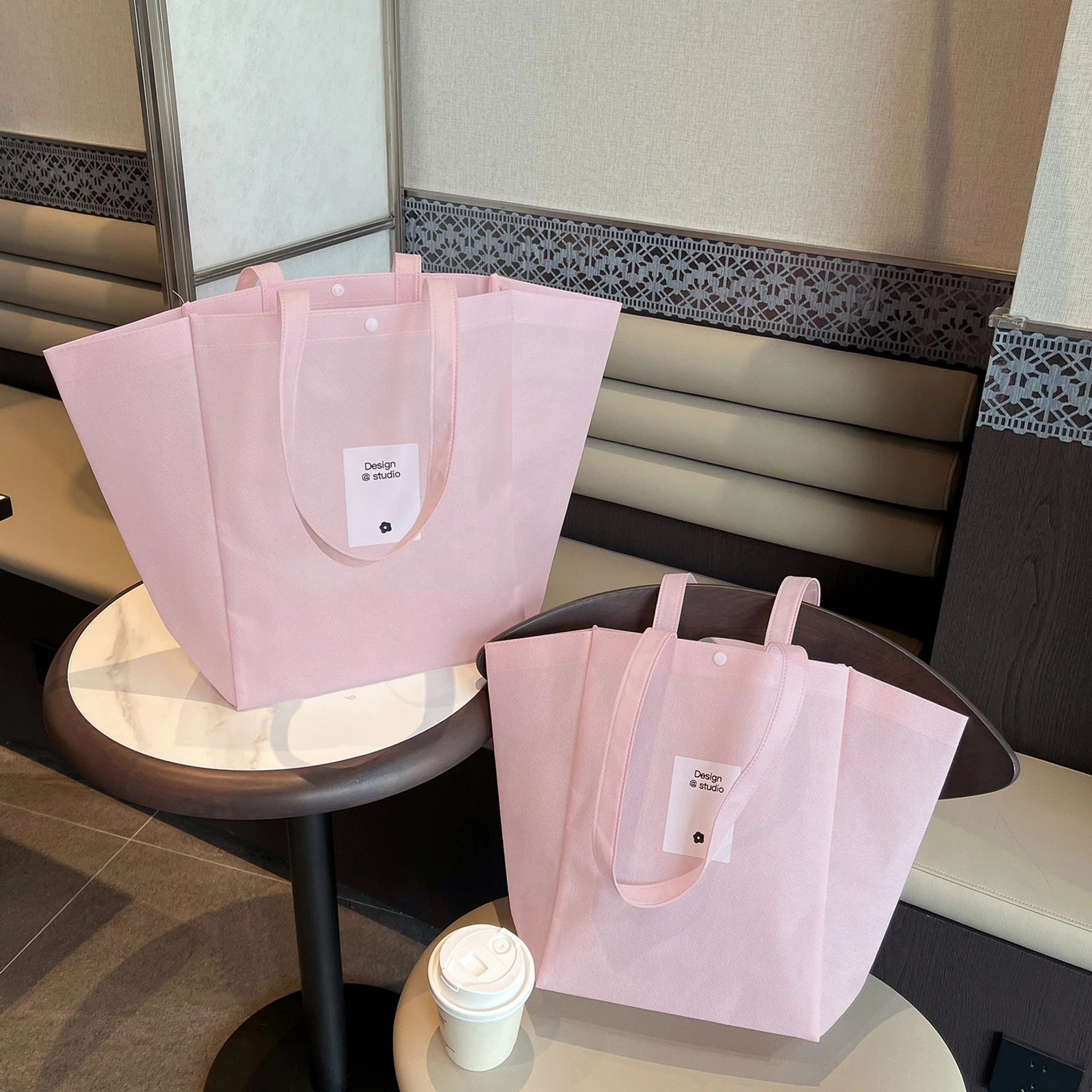 Color-Block Stitched Purple Non-Woven Tote Bags — 10 Styles — Color — Block — PinkWhite Block Print