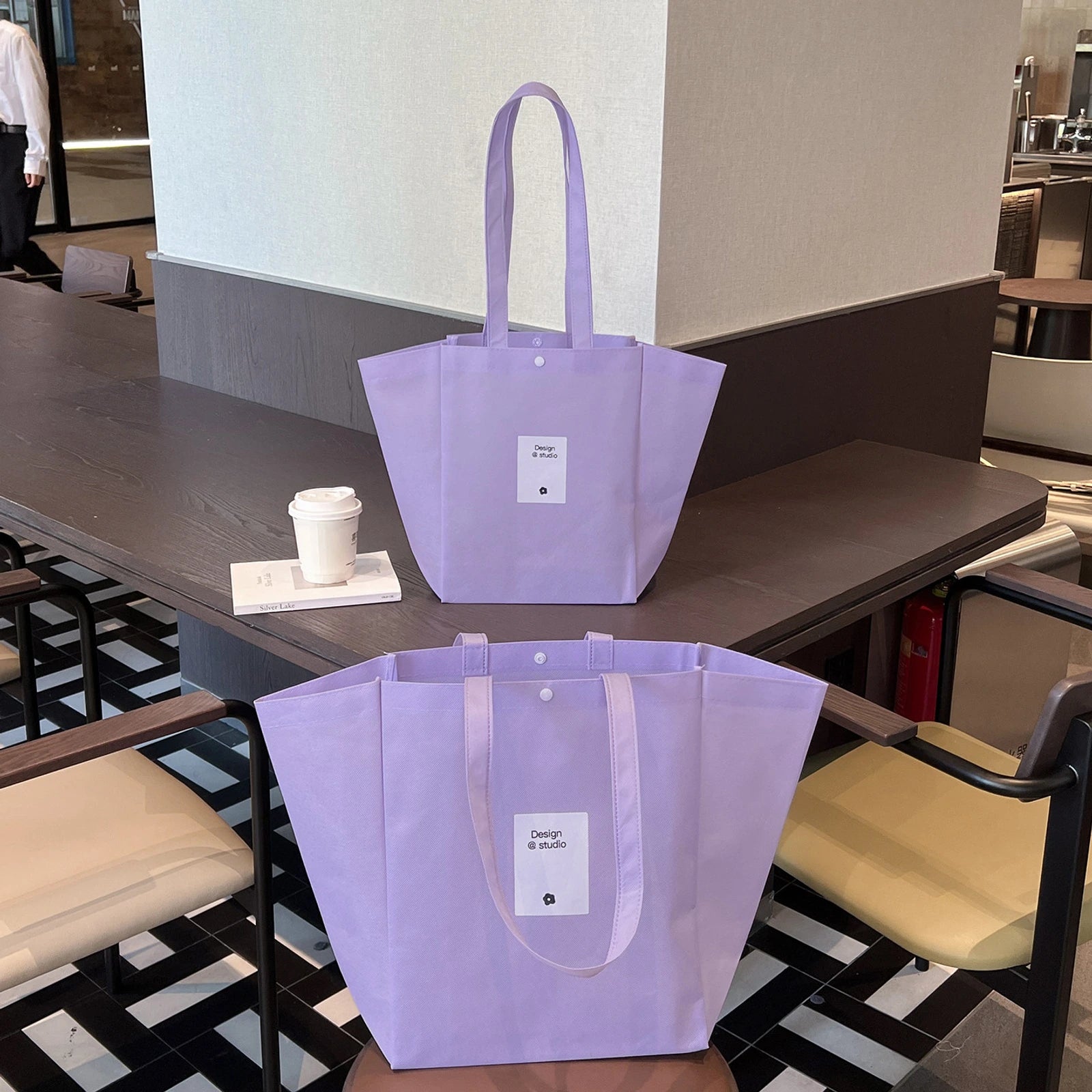 Color-Block Stitched Purple Non-Woven Tote Bags — 10 Styles — Color — Block — Wisteria PurpleWhite Frame Print