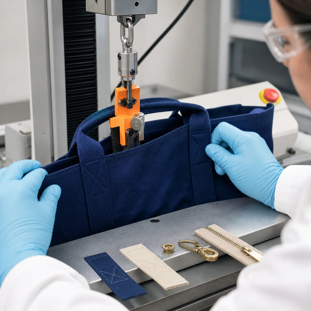Pull-force safety test on a reinforced canvas tote handle and components
