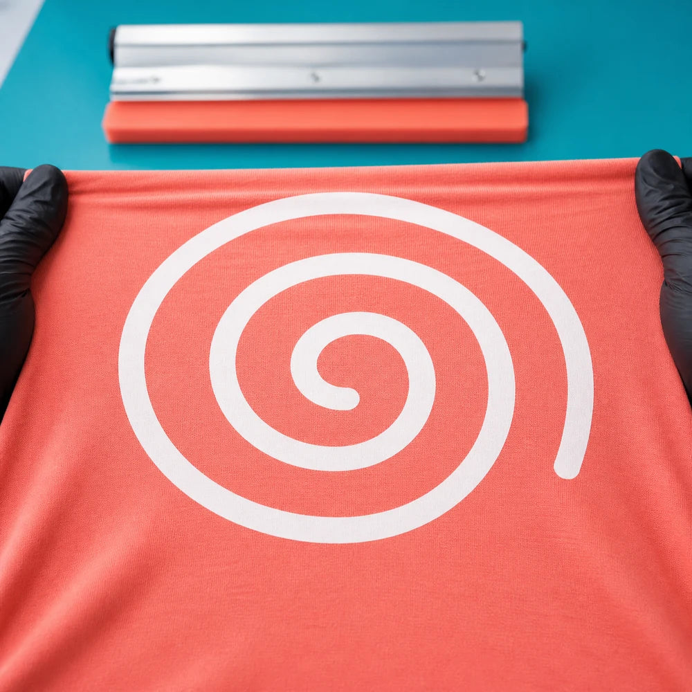 Crack-free white elastic ink stretched on coral cotton fabric
