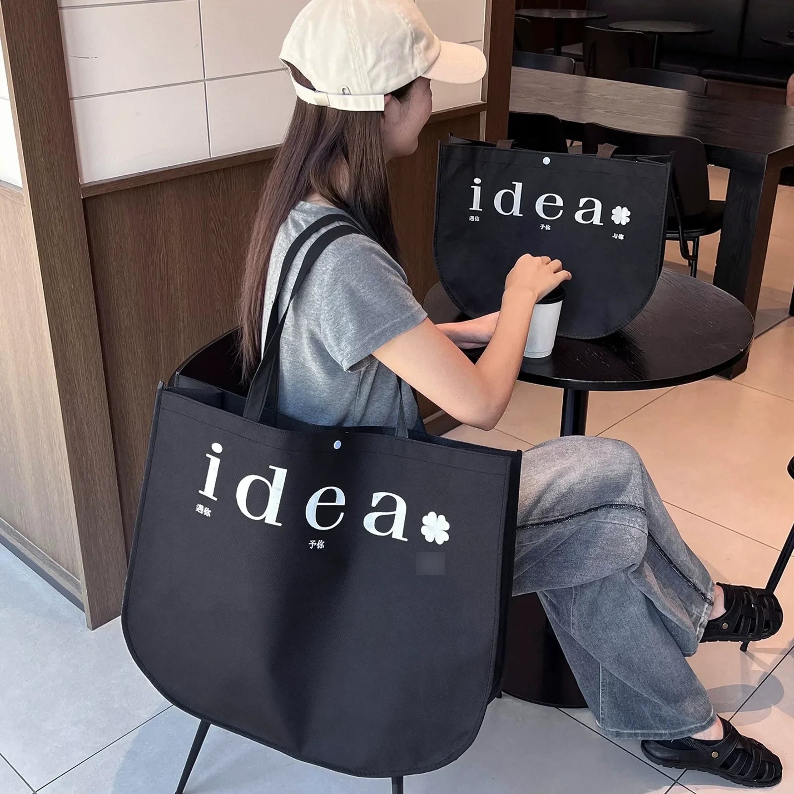 Crescent Stitched Non-Woven Tote Bags — 4 Styles — U-Shaped Non-Woven Bag — Black