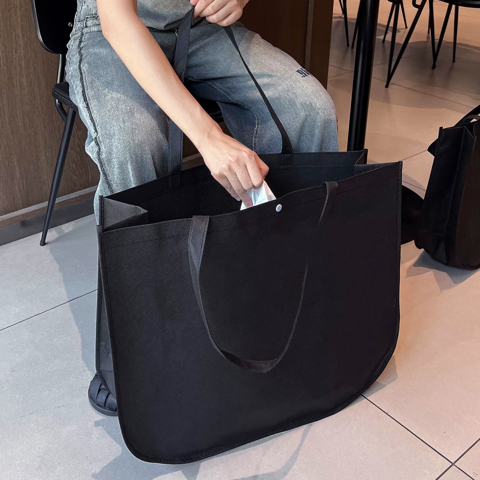 Crescent Stitched Non-Woven Tote Bags — 4 Styles — U-Shaped Non-Woven Bag — Pure Black