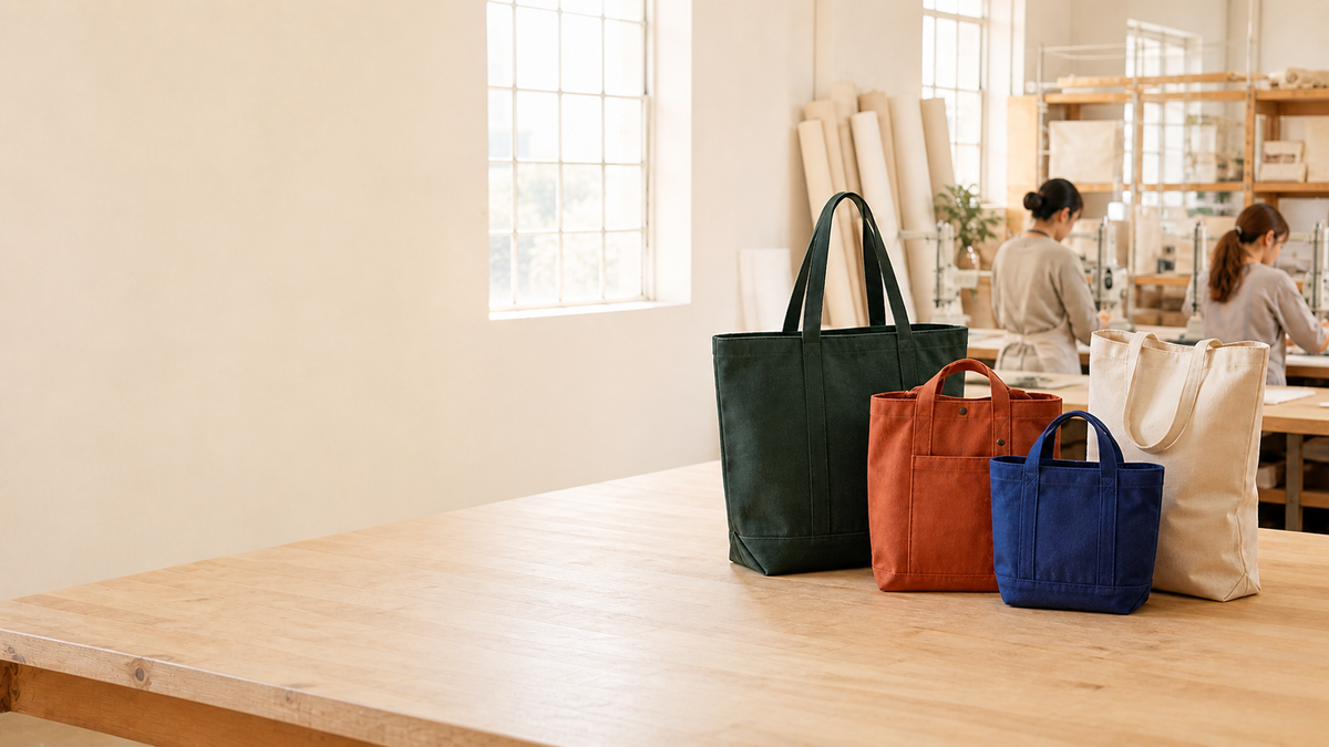 Four custom canvas tote bag prototypes in a bright factory workshop