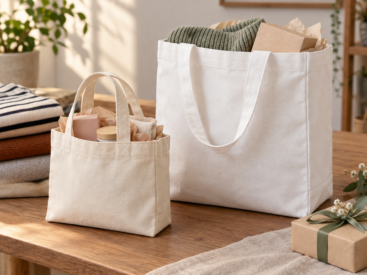 Illustrative cotton mini and medium totes for reusable product packaging