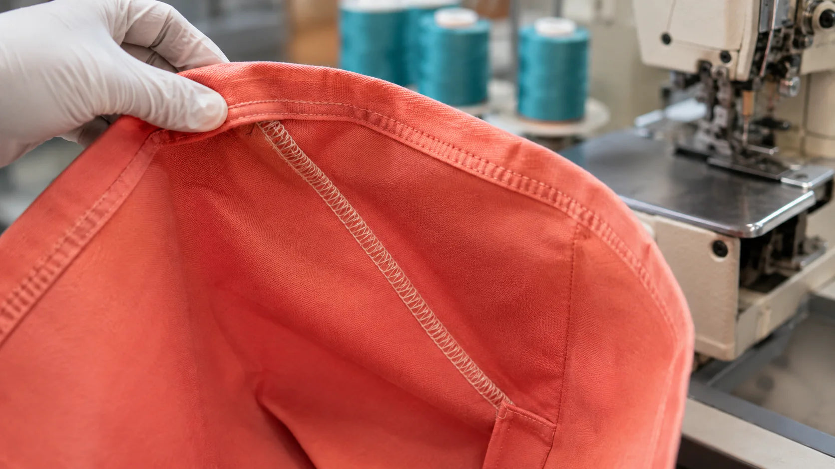 Primer plano de costuras internas bien cerradas dentro de una bolsa de algodón coral