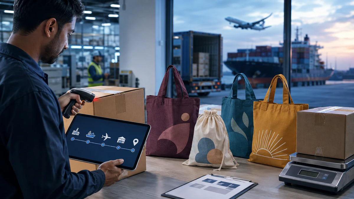 Coordinador de envíos rastreando un cartón de bolsa de algodón personalizado a través de etapas de transporte global
