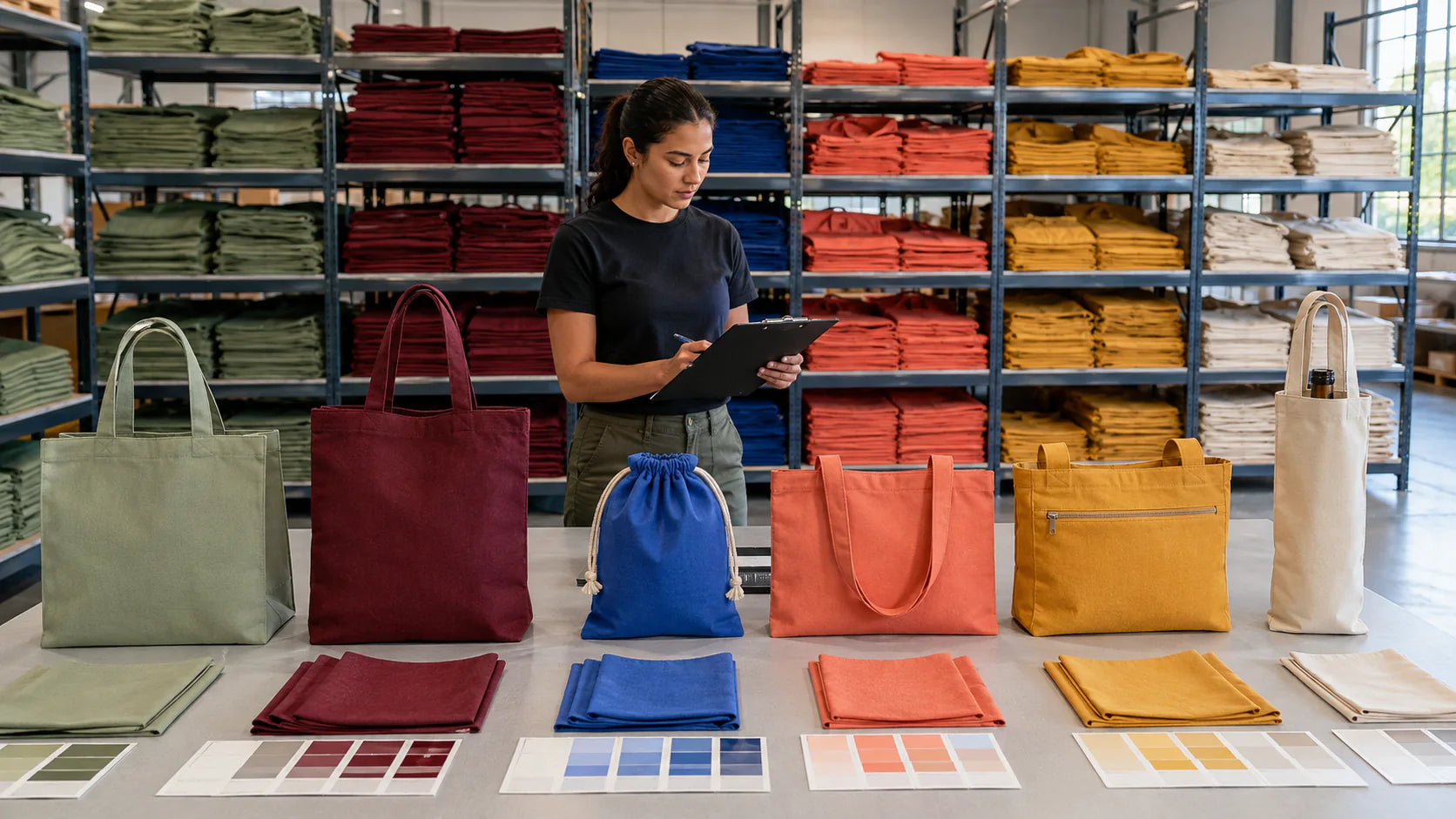 Stock de bolsa de algodón codificado por colores organizado por estilo con muestras listas para la inspección