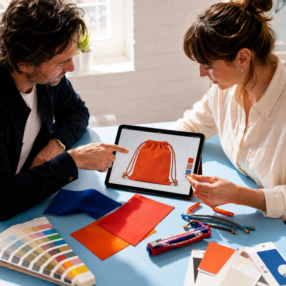 Designers reviewing fabric, cords and an orange drawstring bag rendering