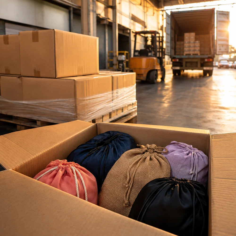 Assorted finished drawstring bags packed for global warehouse distribution
