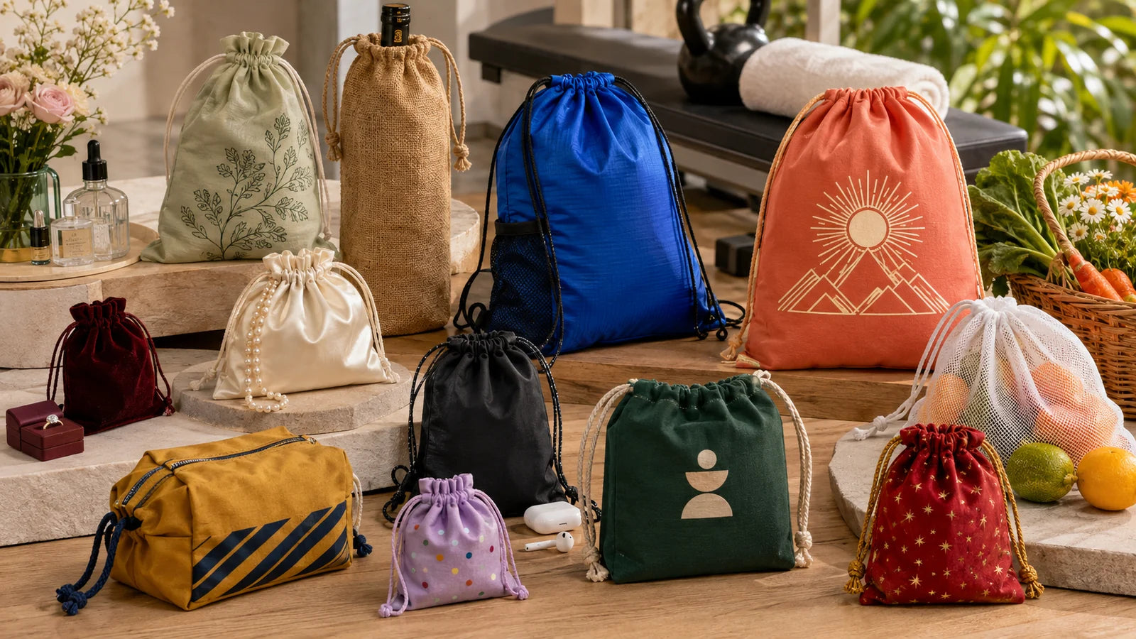 Desktop hero showing custom drawstring bags in diverse styles, materials, colors, prints and use cases