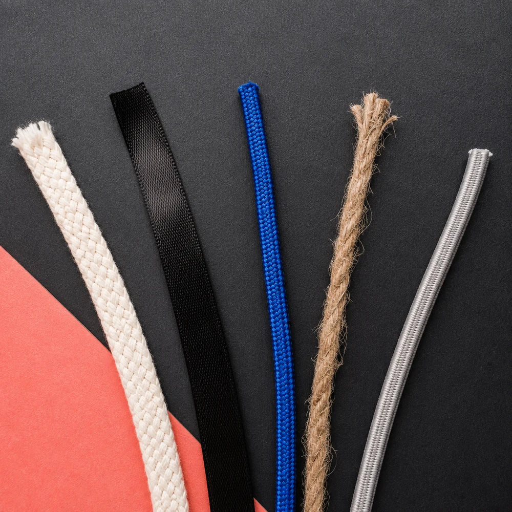 Cotton, satin, recycled polyester, jute and elastic drawcord material samples
