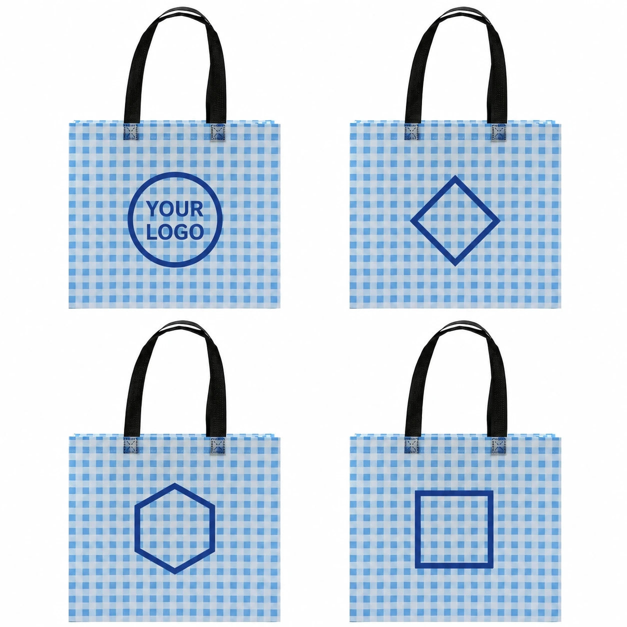 Custom logo examples on blue plaid non-woven tote bags