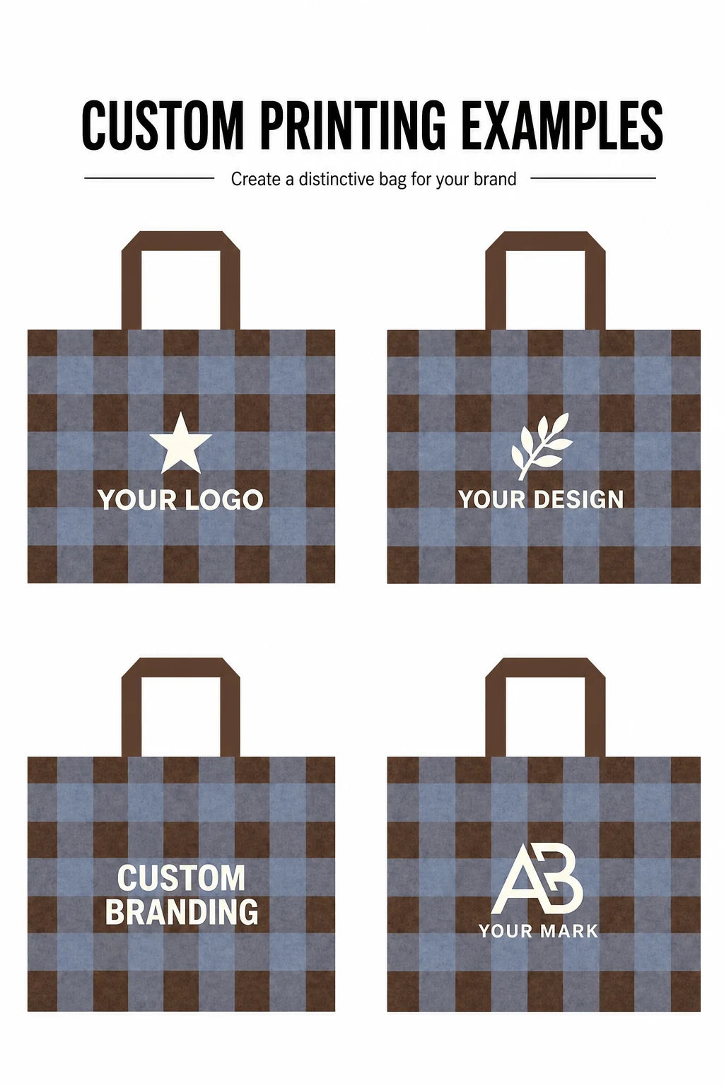Custom logo printing examples on plaid non-woven tote bags