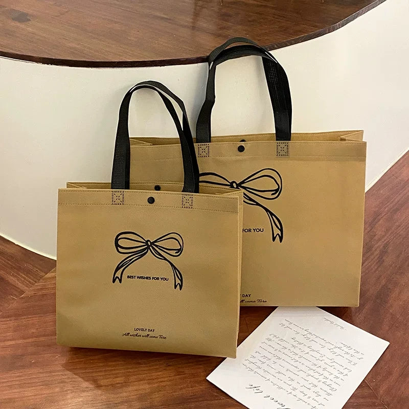 Bow brown snap-button non-woven tote bag