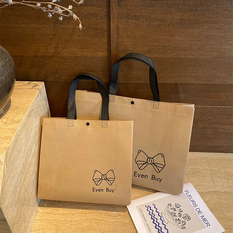 Mini bow brown snap-button non-woven tote bag