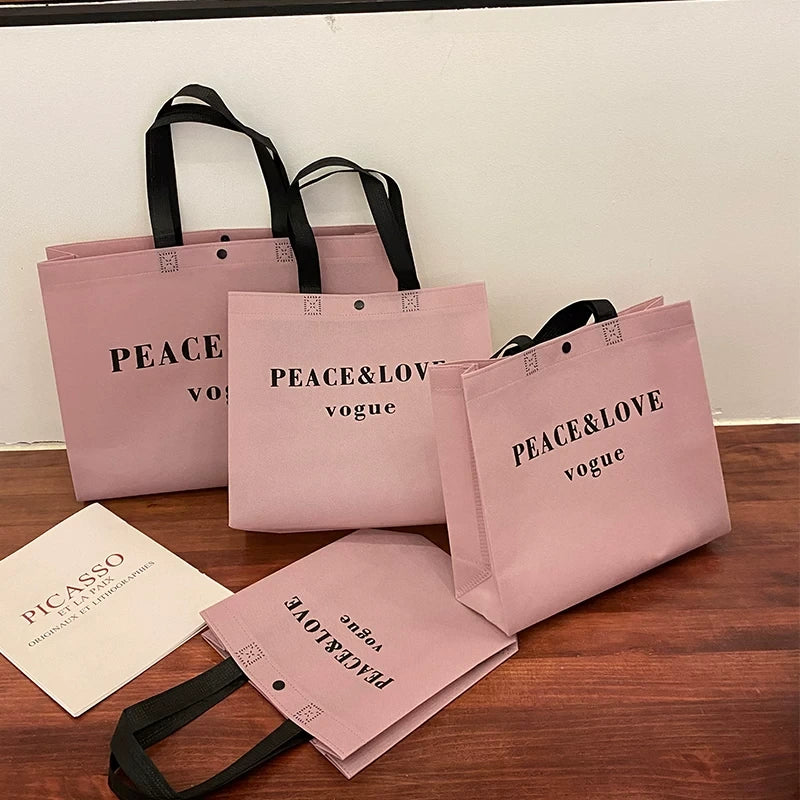 Peace and Love lavender snap-button non-woven tote bag