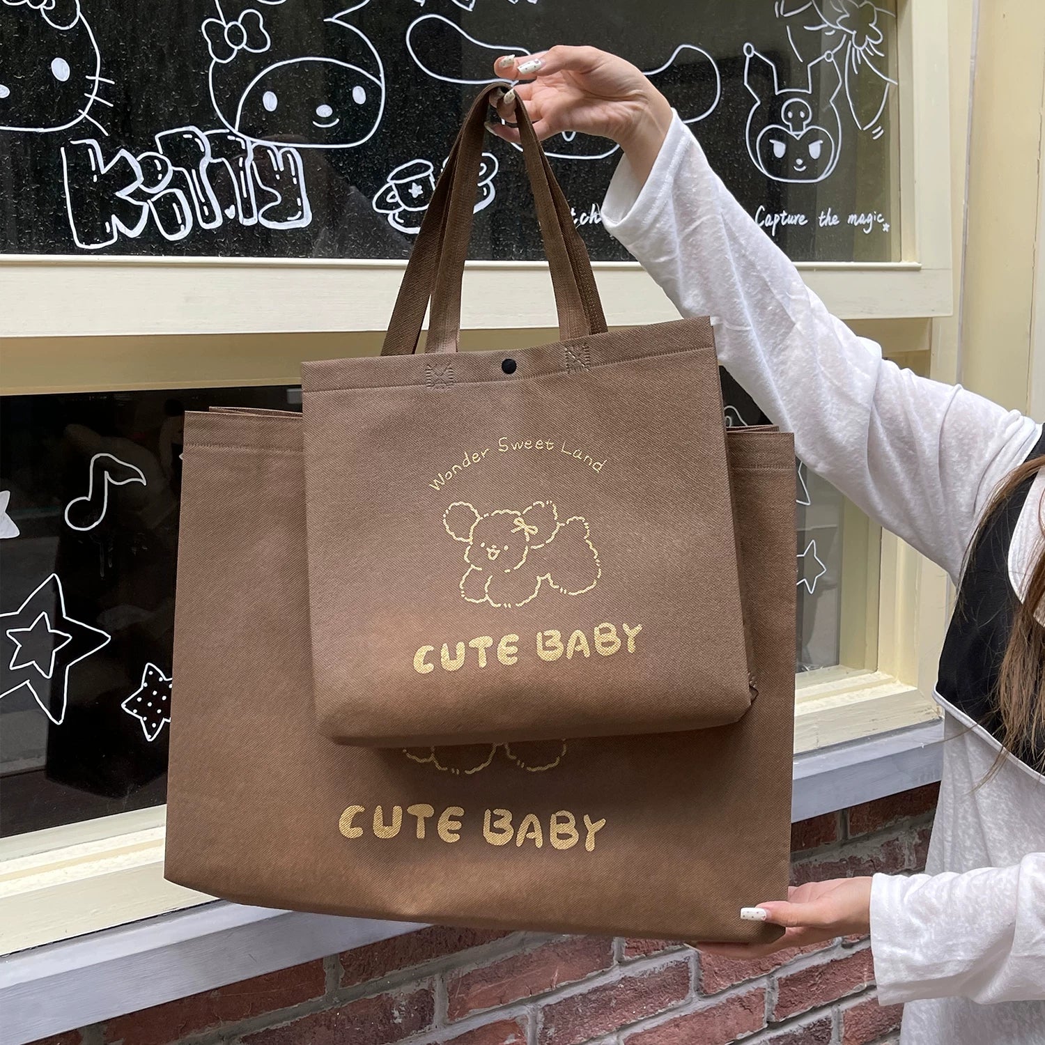 Brown non-woven tote bag with yarn dog print