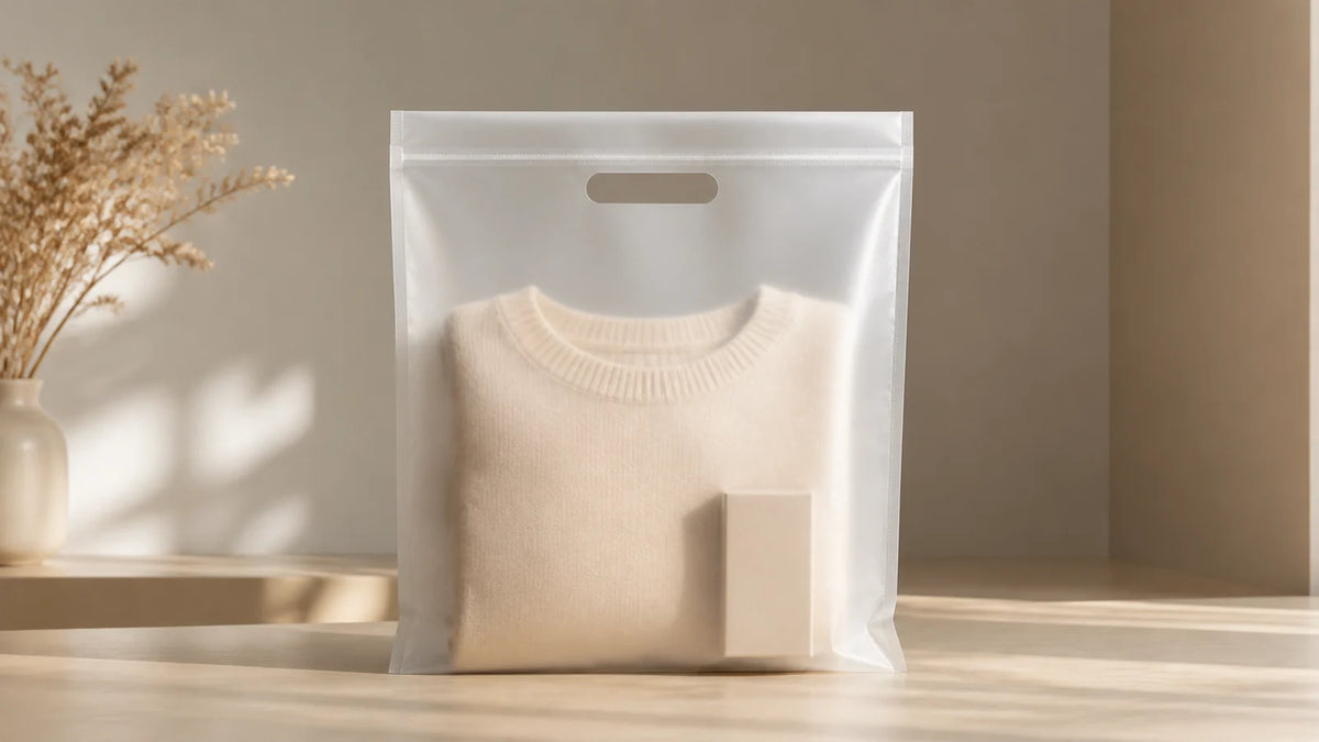 Frosted custom PLA garment bag with folded premium apparel