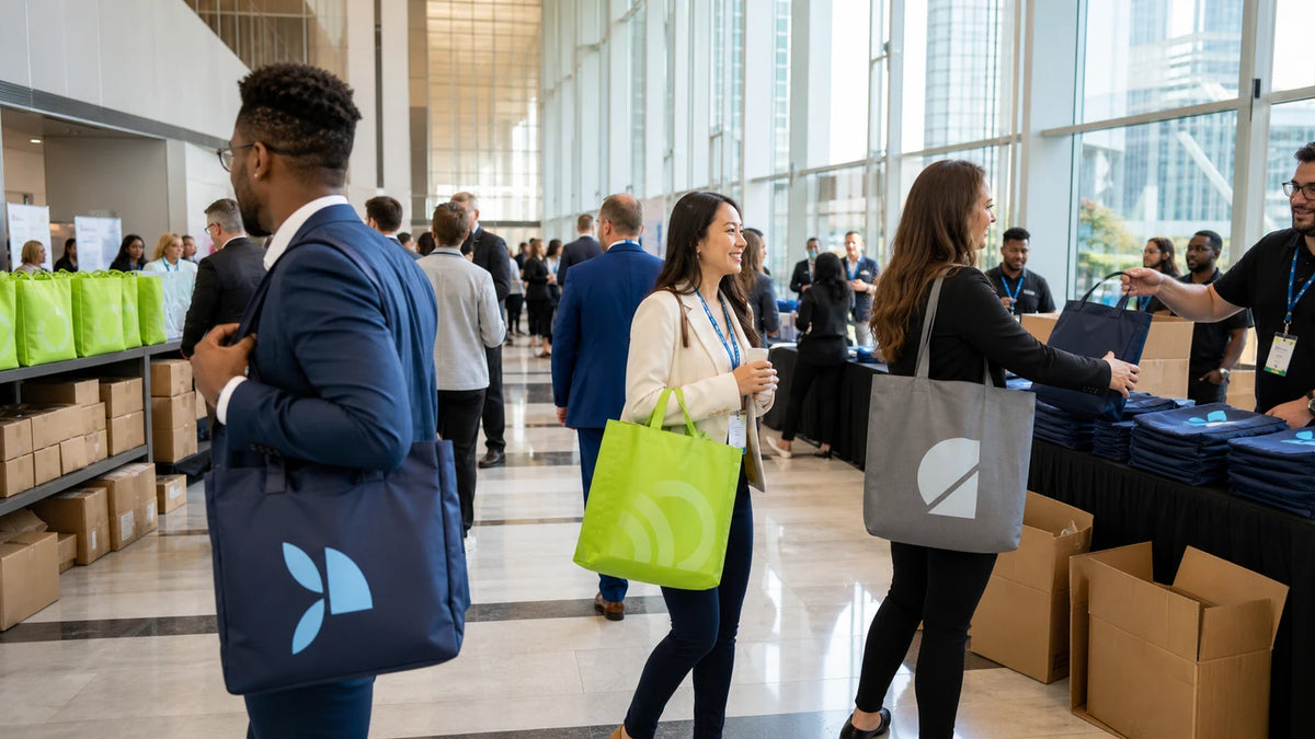 Conference attendees carrying navy, lime and gray custom event totes during organized bag distribution