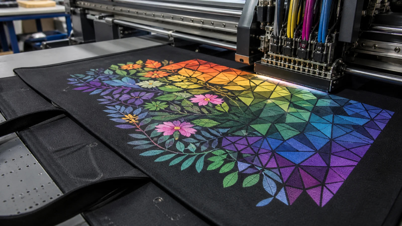 Digital textile inkjet printer applying a detailed full-color design to black recycled polyester fabric