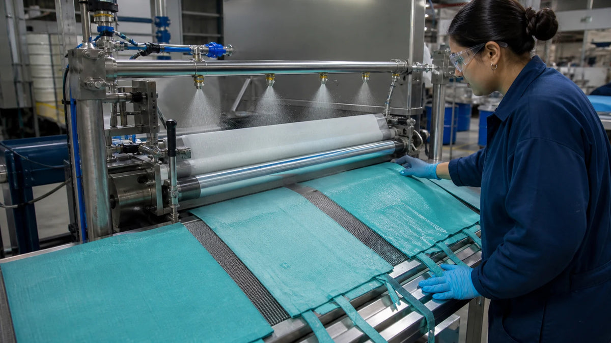 Turquoise cotton tote panels receiving even spray and roller pre-treatment before printing