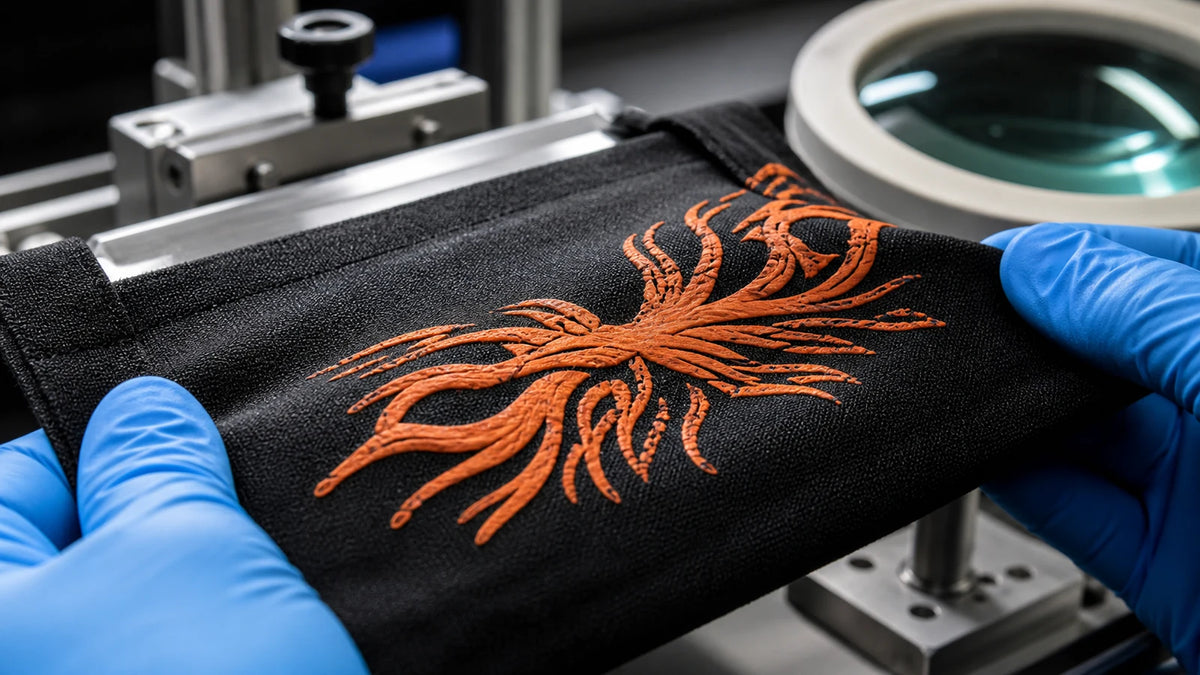 Flexible raised orange ink stretched on black cotton tote fabric during crack-resistance testing