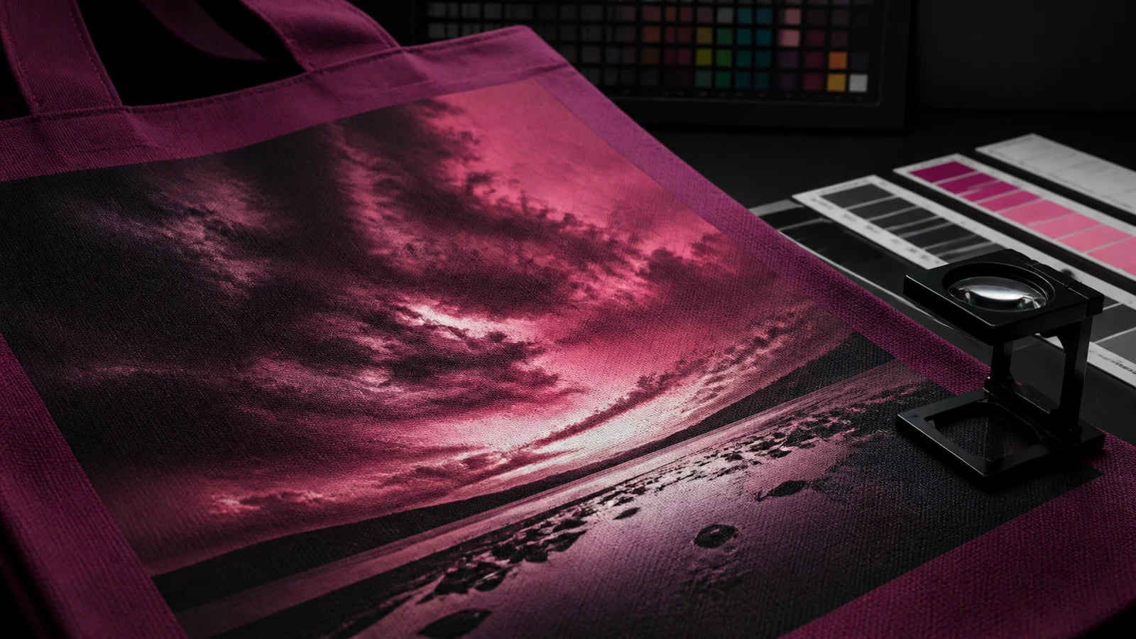 Rich black and magenta ink saturation inspected on a plum heavyweight canvas tote bag