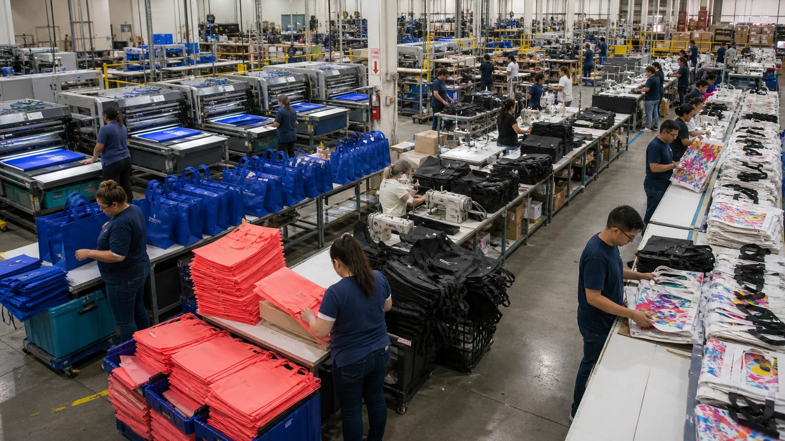 Large tote bag factory producing blue, black, coral and full-color printed programs on separate lines