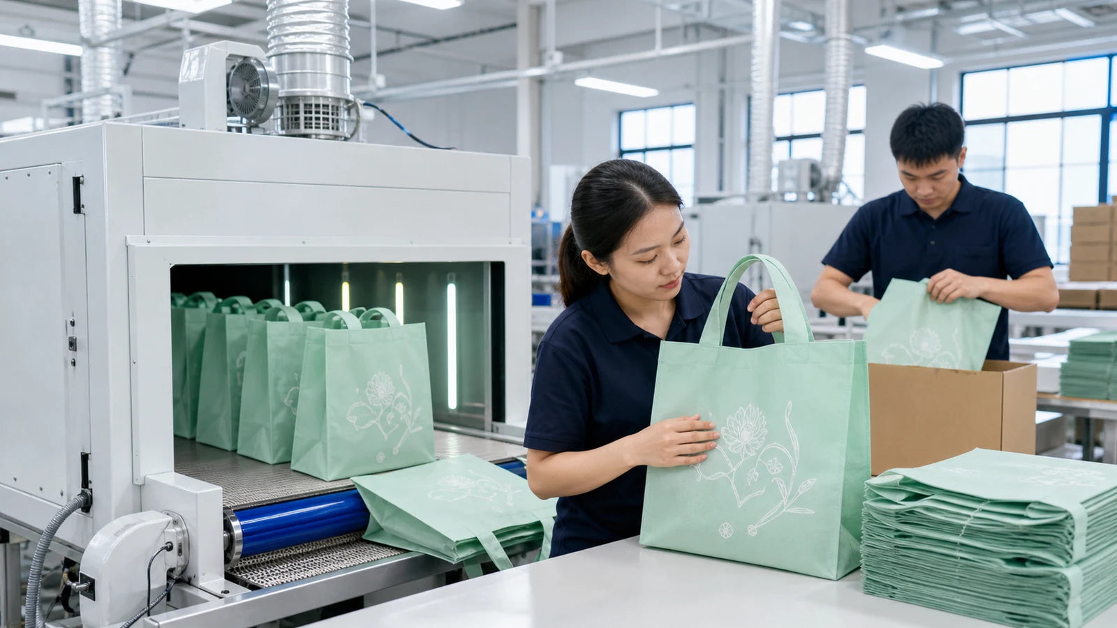 Mint-green non-woven tote bags moving from ventilated curing through surface inspection and clean packing