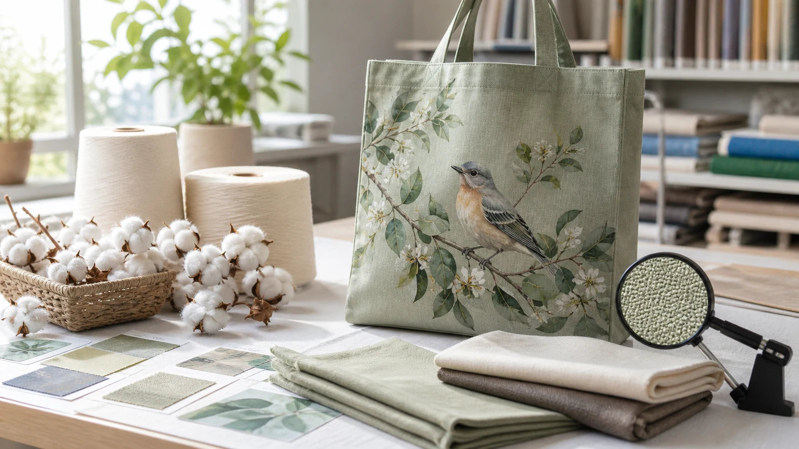 Sage organic cotton tote with fine watercolor printing beside cotton fiber, yarn and weave samples