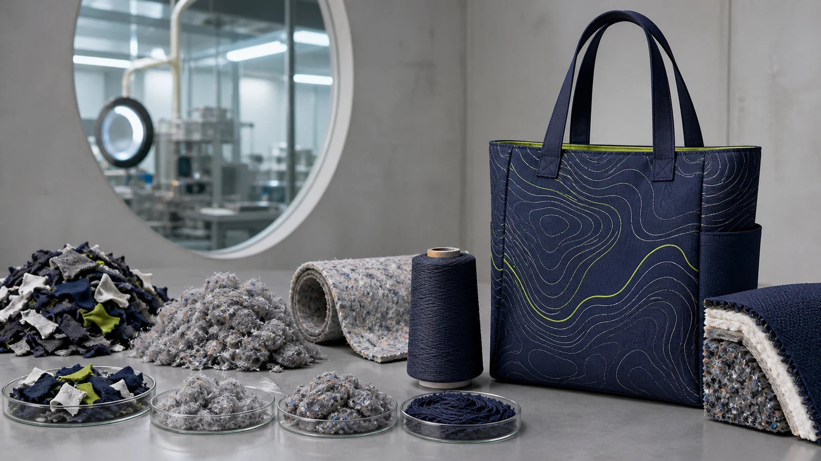Navy recycled canvas tote shown with reclaimed textile flakes, recycled fiber web and spun yarn