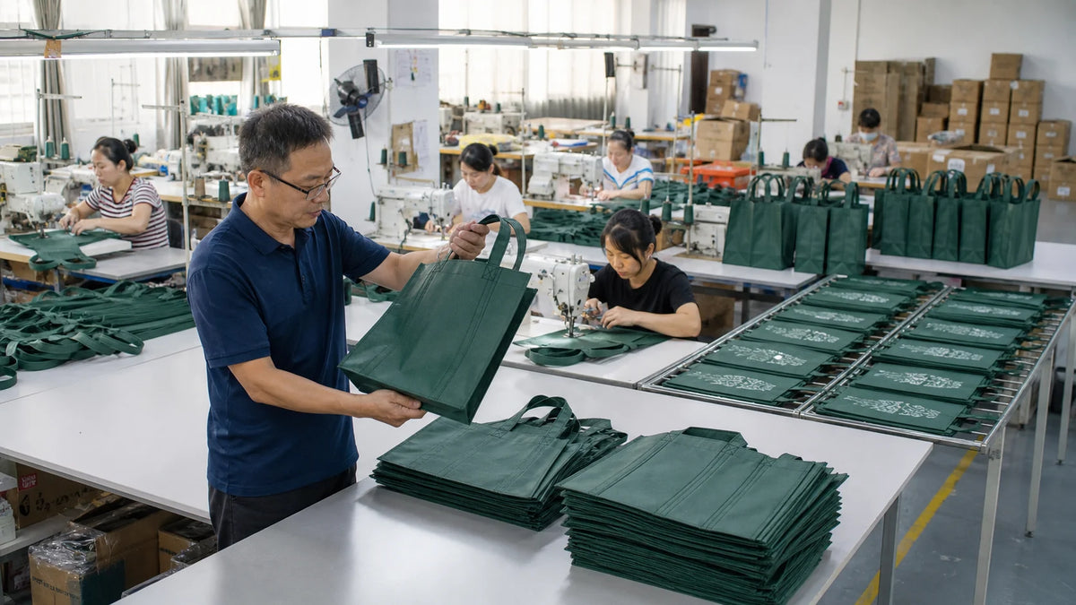 Reusable bag factory with sewing, printed panels, finished tote inspection and packing