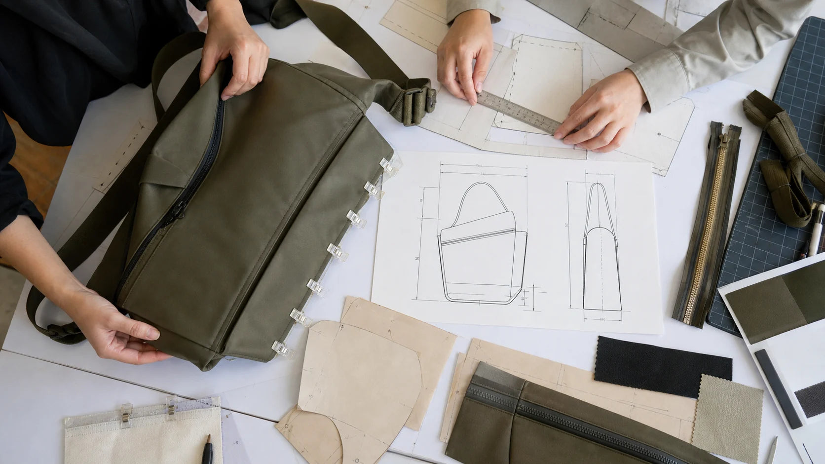 Design team developing a custom reusable bag from paper patterns and a technical drawing